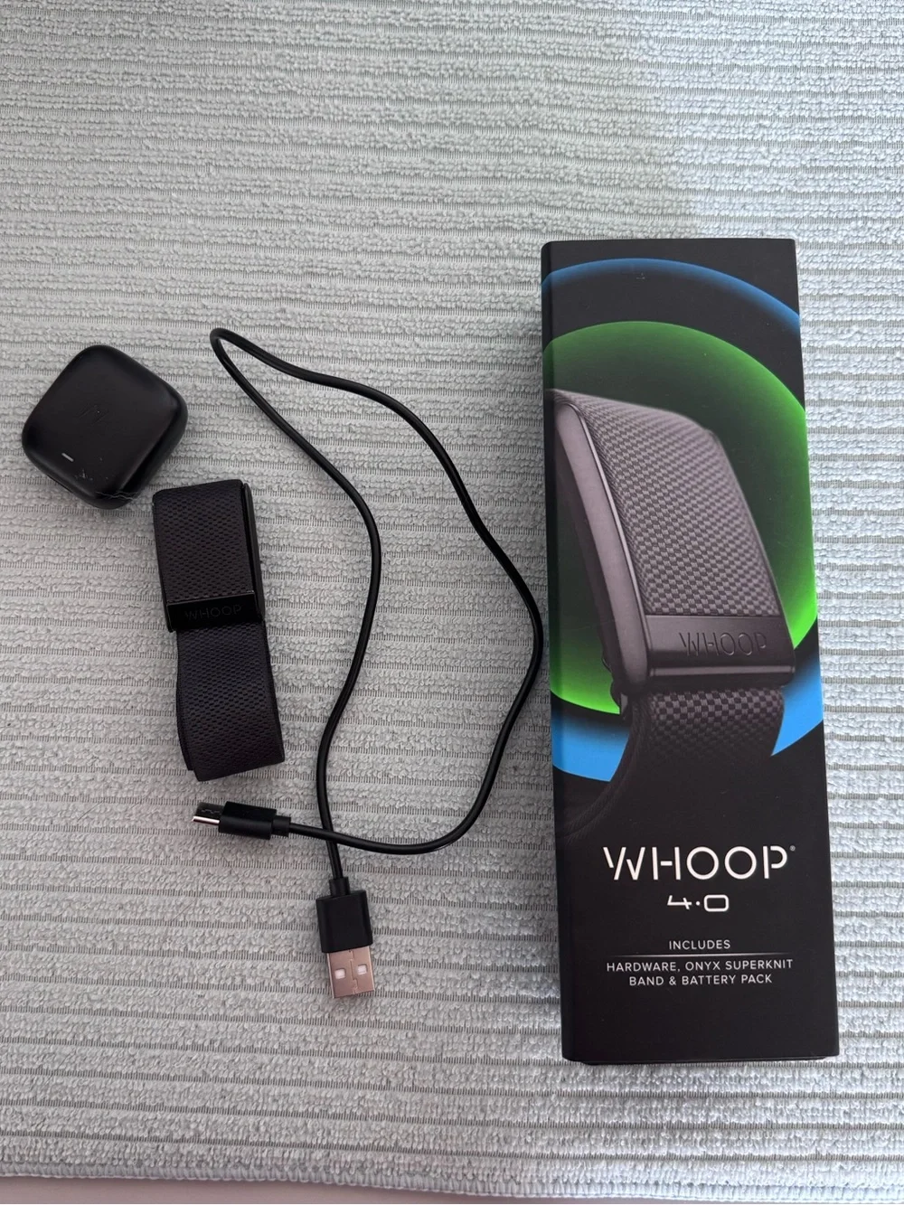 Whoop 4.0 Black Band, Charger, and Box